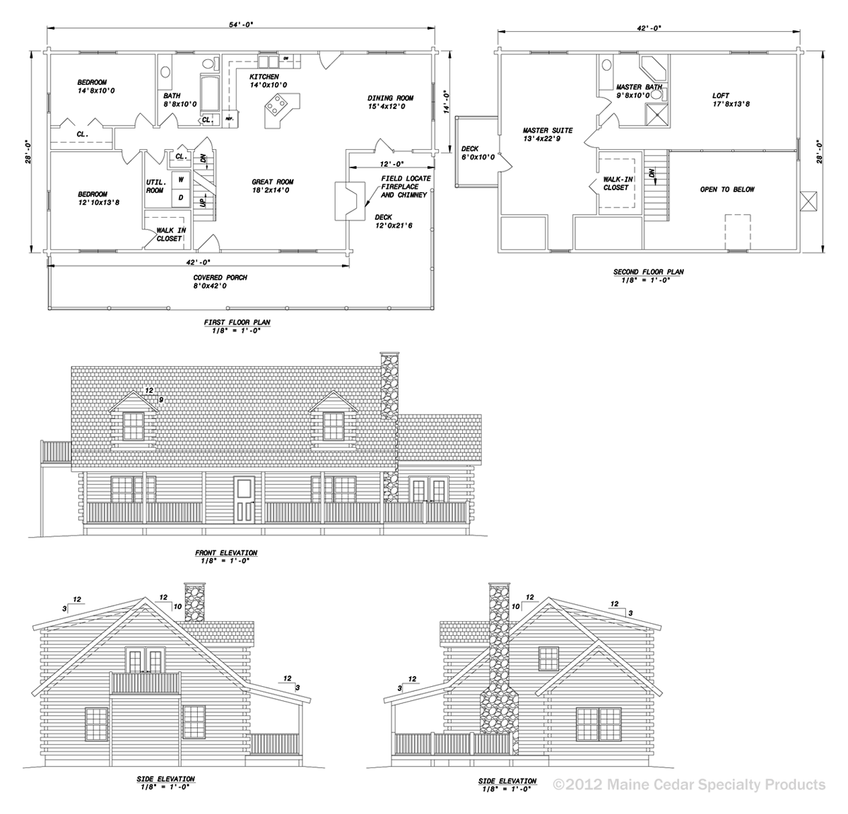 Architectural blueprint showing floor plans and house elevations in black-and-white.