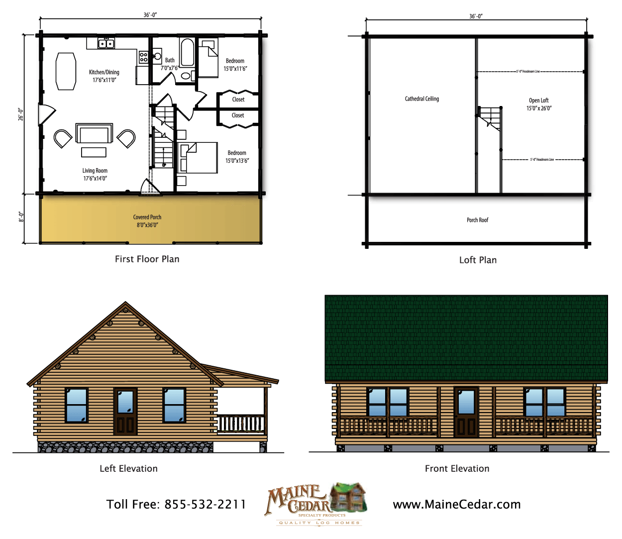 Cabin floor plan and front, rear, side elevations with brown siding and green roof.