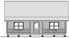 Black-and-white drawing of a small house front with porch, windows, and shingled roof.