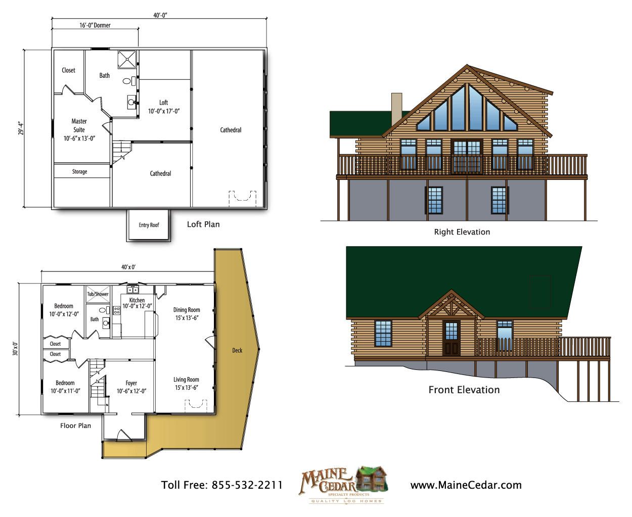 Floor plan and exterior elevation drawings of a house with a green roof and stone-accented front.