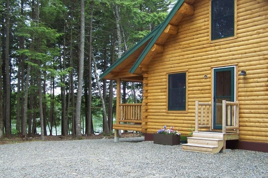 Log cabin with porch in a wooded area, gravel driveway in front.