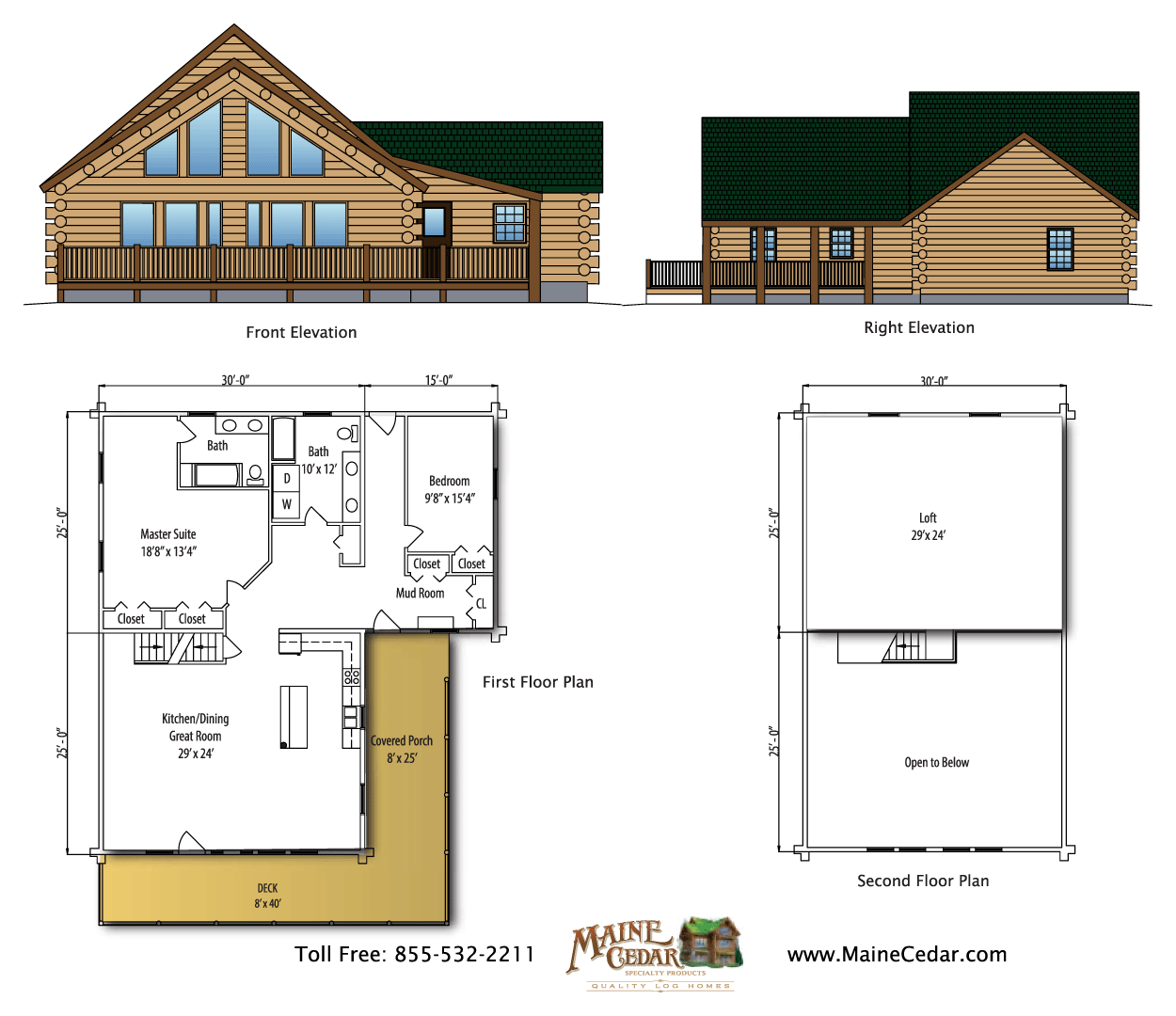 House plan with front and side elevations, floor plan, and garage layout in beige and green tones