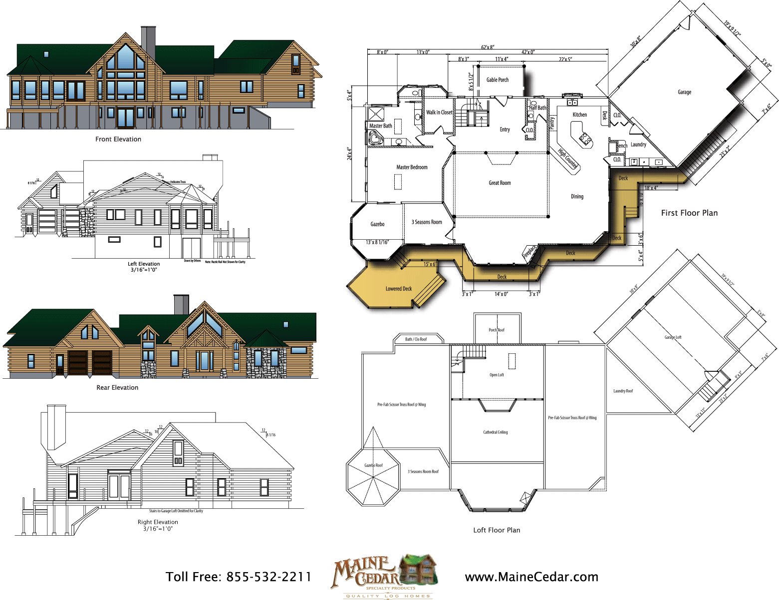 Architectural house blueprint with exterior elevations and floor plans, highlighting a two-story home design.
