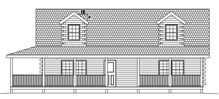 Black-and-white line drawing of a house with porch, dormer windows, and a central front door