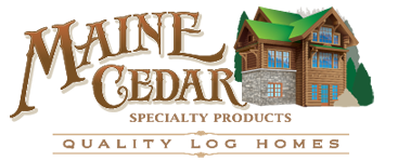 Maine Cedar Specialty Products logo with a log home illustration and the tagline &ldquo;Quality Log Homes&rdquo;