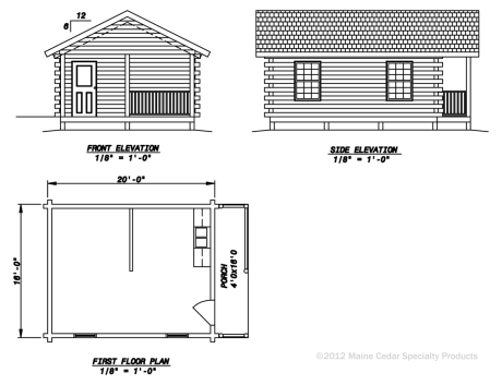 Architectural blueprint showing front, side, and floor plan views of a small house