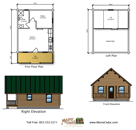 Cottage floor plan and elevations with green roof, white siding, and loft layout