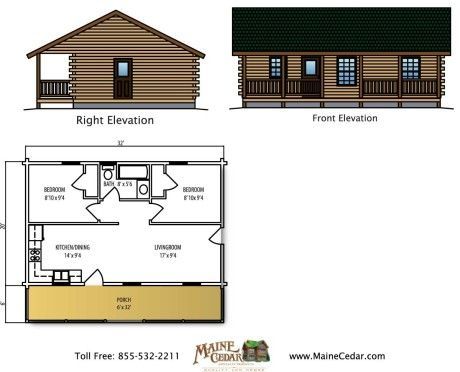 Log cabin house plan with front and right elevation views and a floor plan