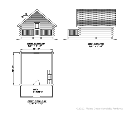 House elevation and floor plan schematic with front, side, and top views.