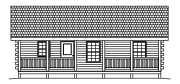 Black-and-white line drawing of a small house with a porch, windows, and a shingled roof