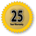 Gold seal with large “25” and “Year Warranty” text, celebrating a 25-year warranty