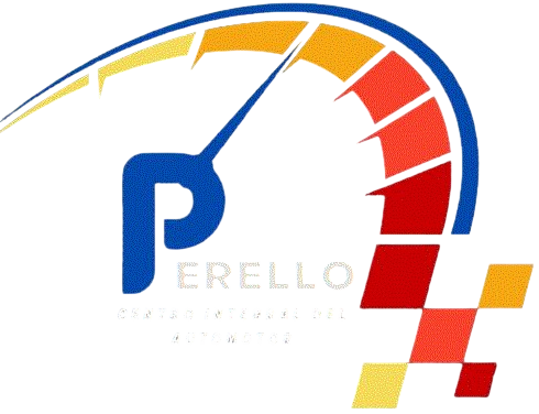 Logotipo estilizado de PERELLO en azul y rojo con un indicador de velocímetro y bloques de píxeles.