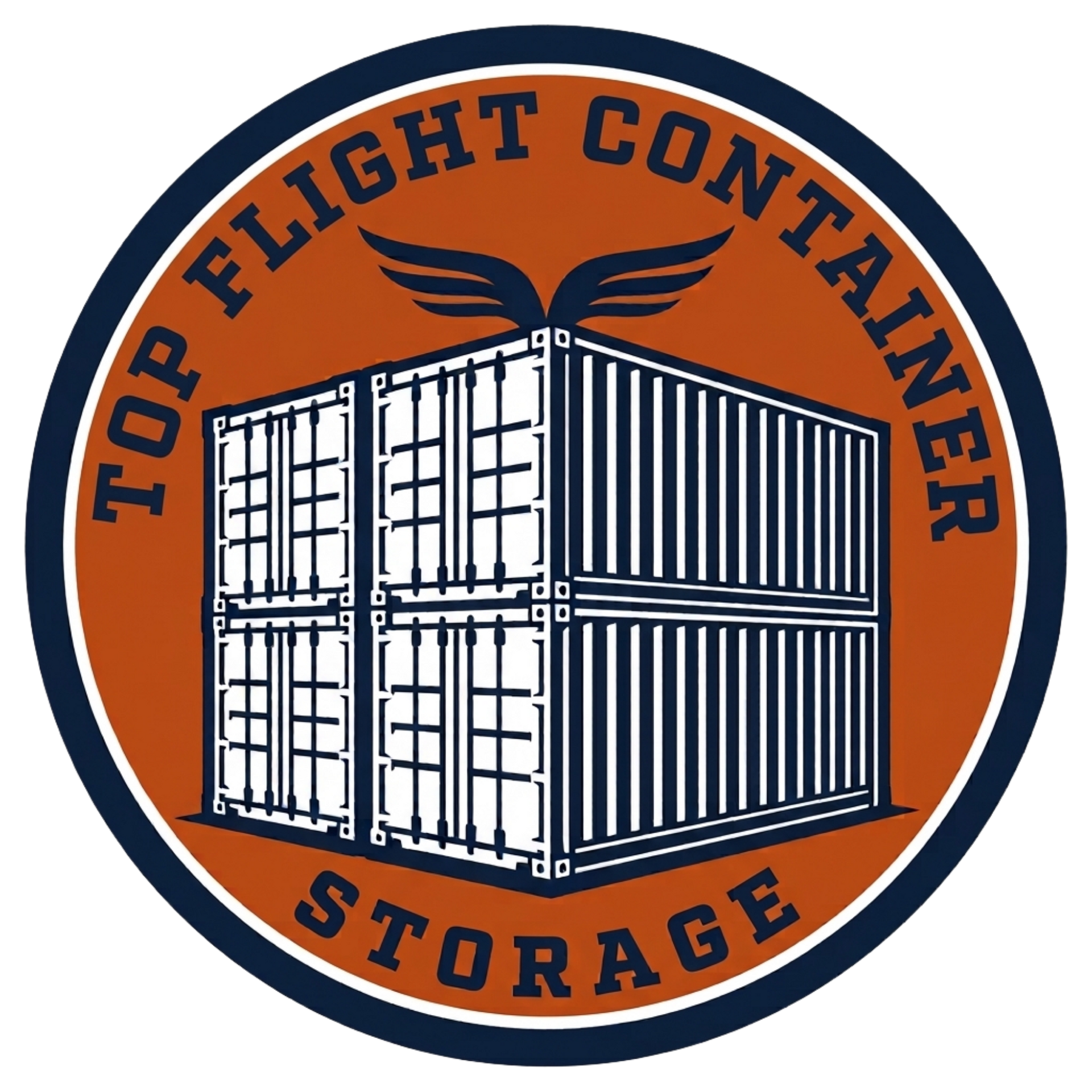Top Flight Container Storage logo with shipping containers in an orange and navy circular emblem