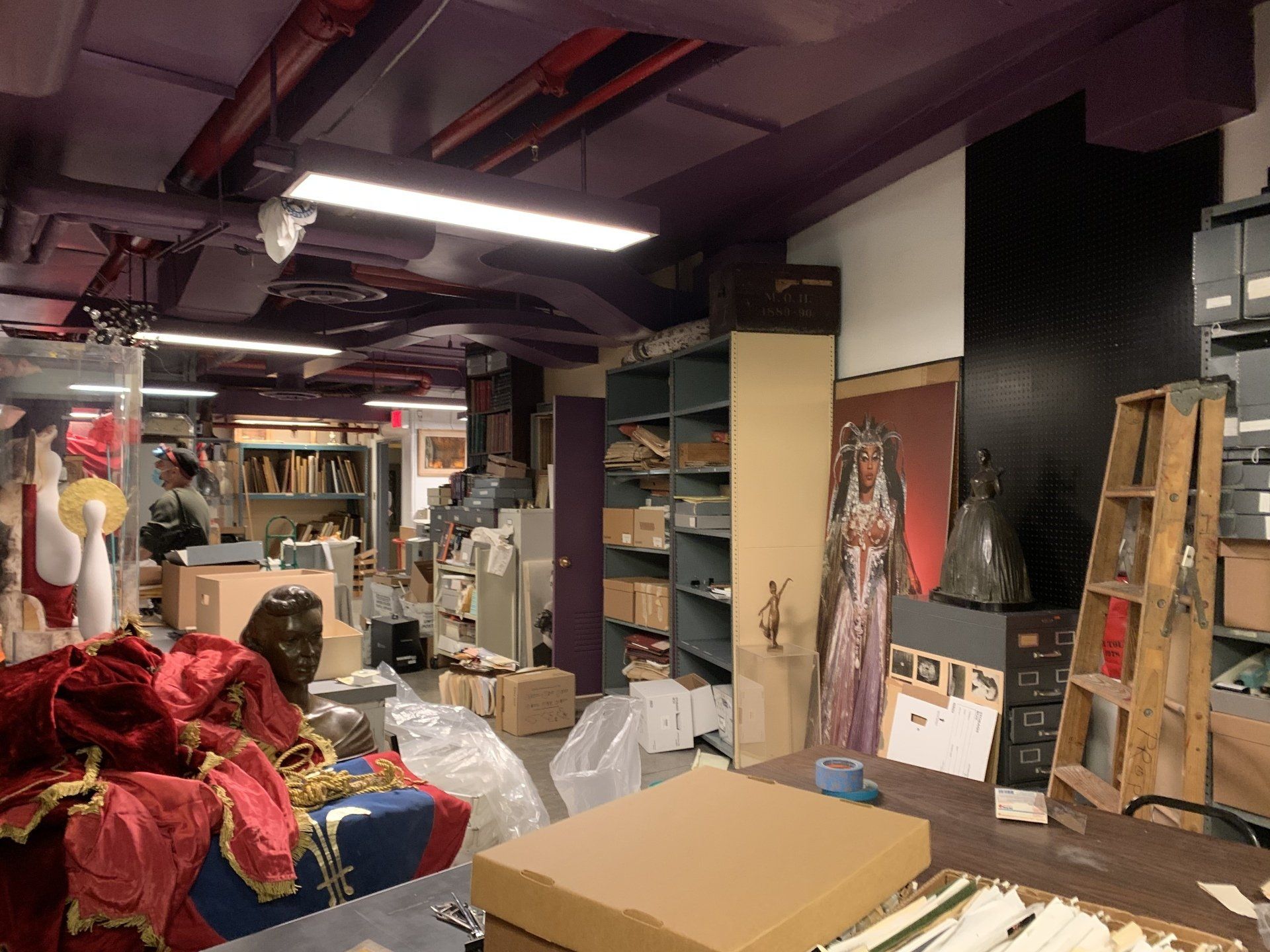 A cluttered storage room with shelves and various costumes. Purple ceiling, boxes, and a wooden ladder.
