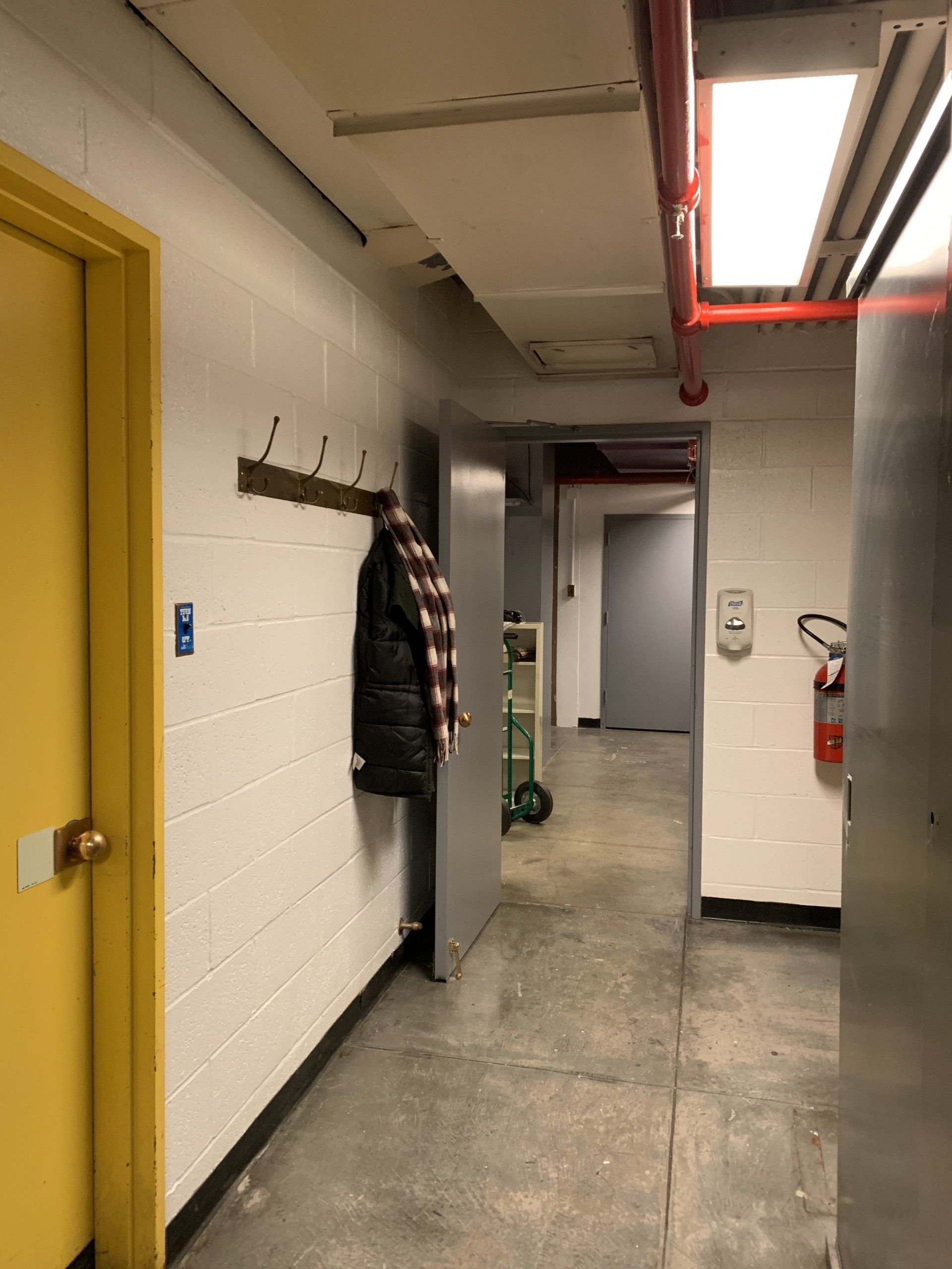 Narrow hallway with yellow door, coat rack, and partially open gray door. A coat hangs on rack.
