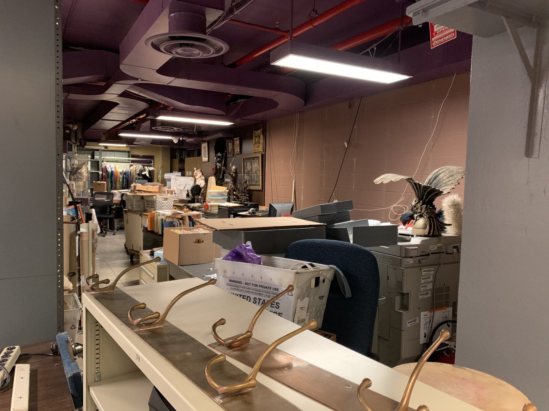 Hallway with coat rack, desks, and boxes. Purple ceiling, tan walls, and clutter throughout the space.
