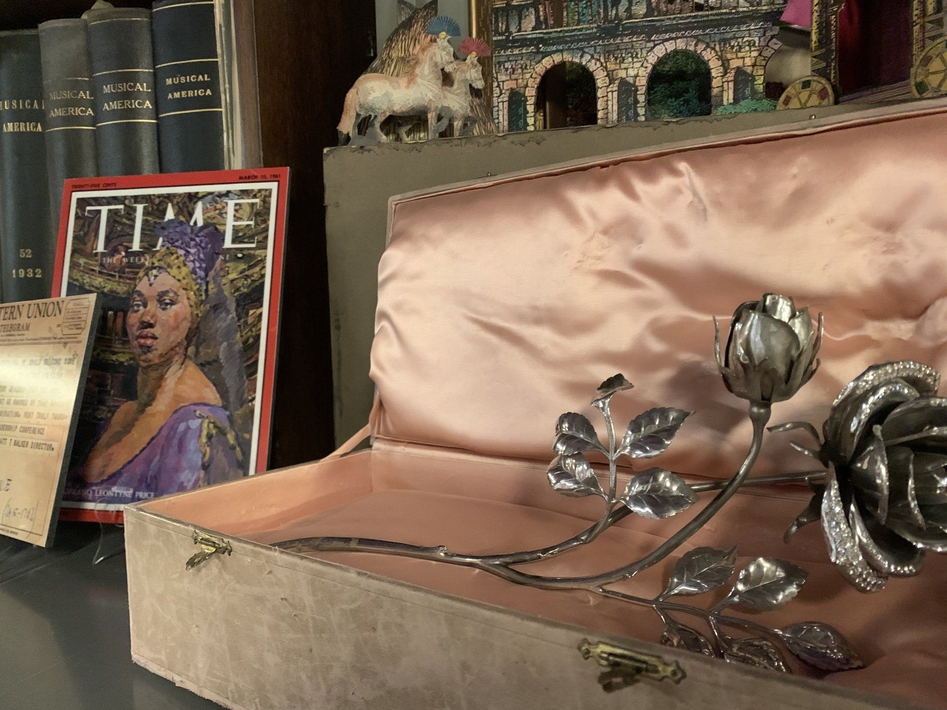 Silver rose in a pink-lined box next to a Time magazine cover and books on a shelf.