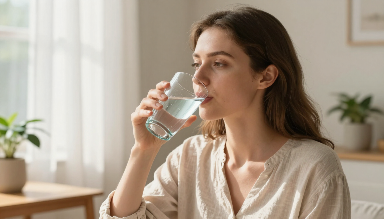 A calm person preparing for a wellness screening with a glass of water.