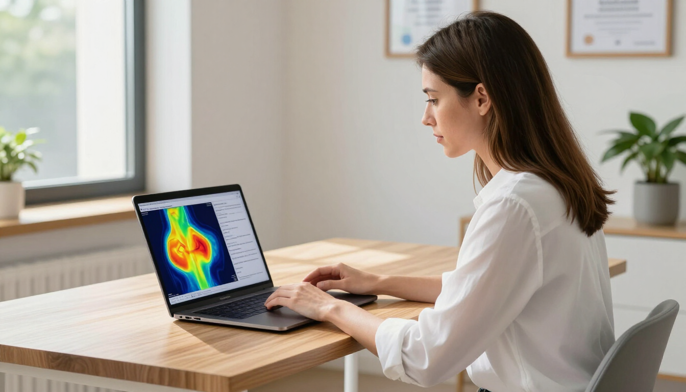 A patient reviewing their thermography report on a laptop computer.