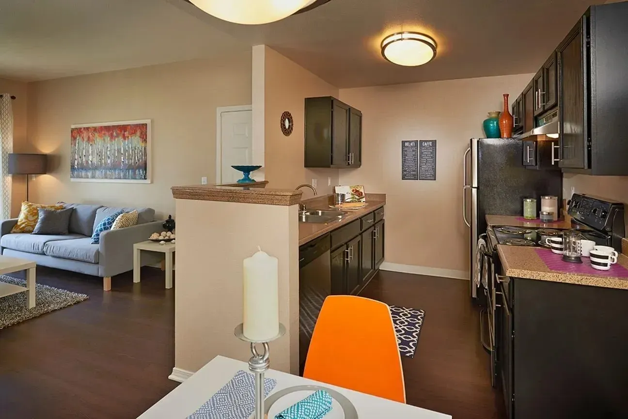Modern kitchen and living area with sofa, dining table, and dark wood cabinets.
