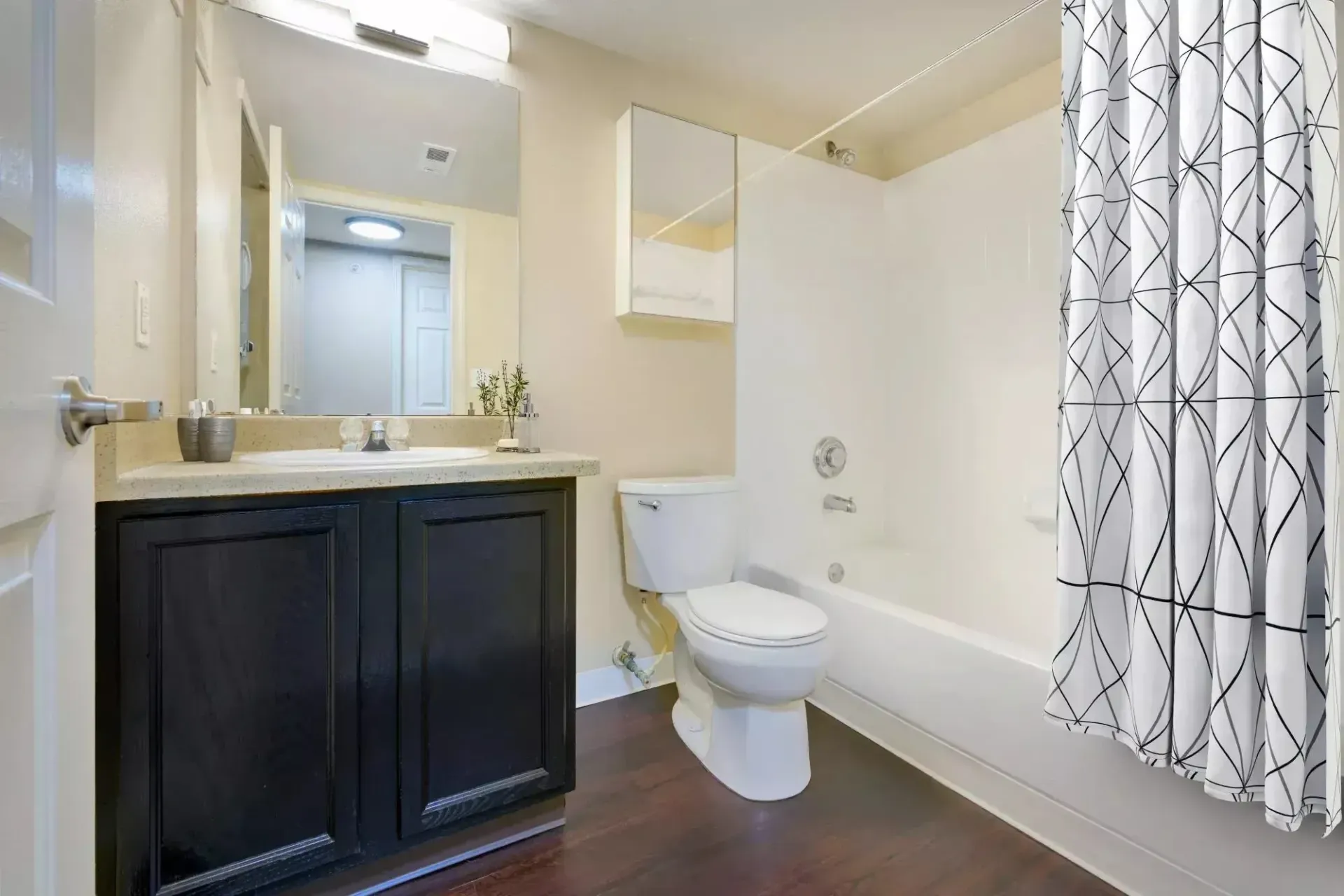 Bathroom with dark vanity, white toilet, and bathtub with a patterned shower curtain.