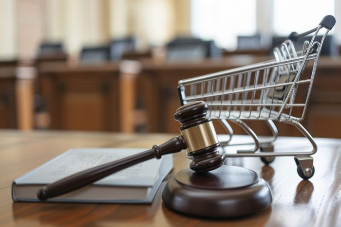 Gavel, shopping cart, and book on a table, likely representing legal aspects of commerce.