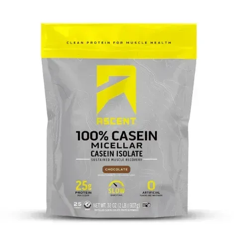 Ascent 100% Casein protein powder bag, chocolate flavor. Grey bag with yellow accents.