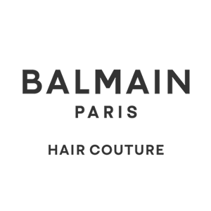 Logo di Balmain Paris Hair Couture: testo nero su sfondo bianco con la scritta "BALMAIN" in lettere grandi e in grassetto.