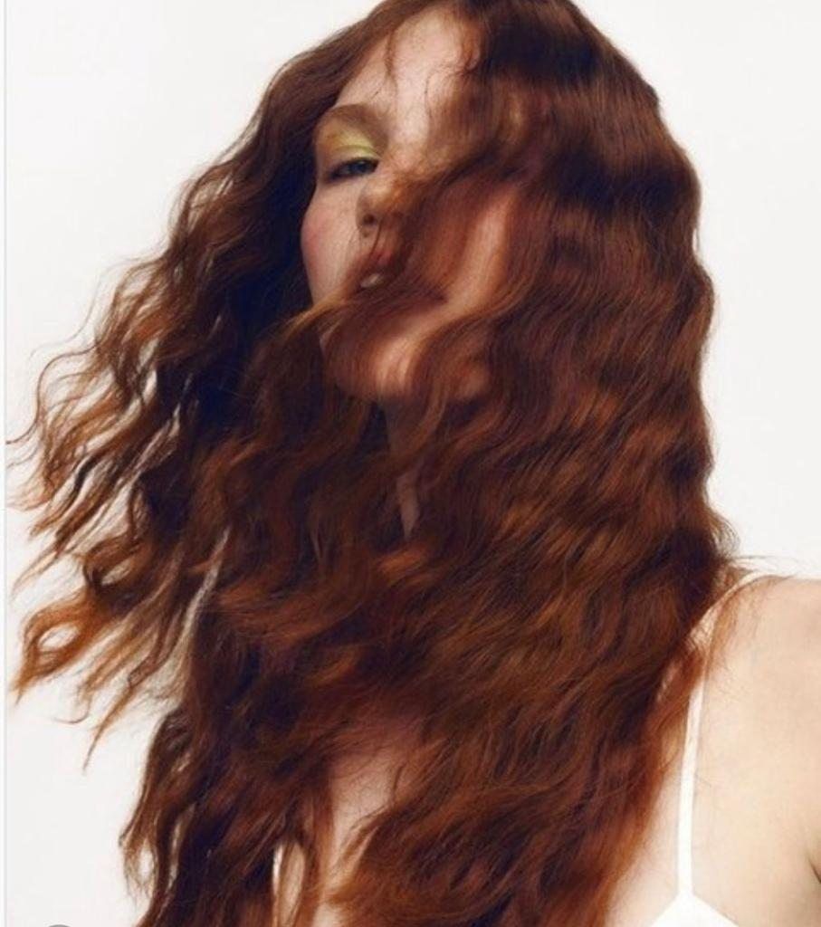 Una persona con lunghi capelli ramati ondulati che le coprono parzialmente il viso, su uno sfondo bianco uniforme.