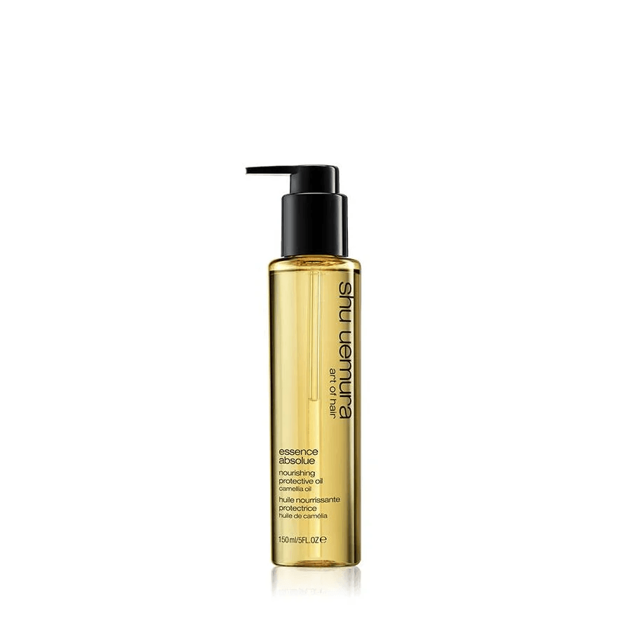 Una bottiglia con dosatore a pompa di olio nutriente e protettivo per capelli Shu Uemura Essence Absolue su uno sfondo bianco.