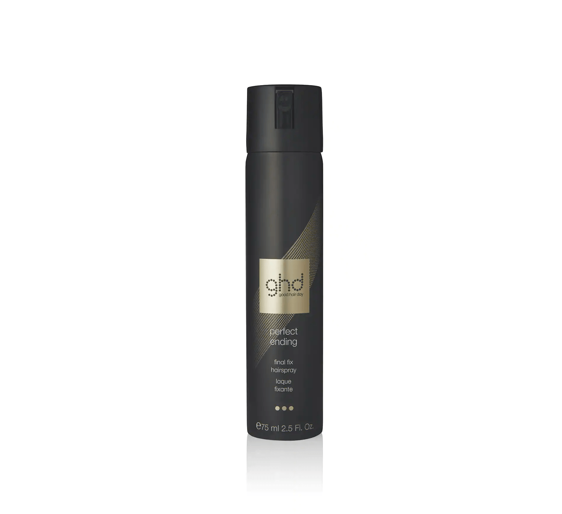 Flacone nero di lacca per capelli del marchio GHD con logo e testo dorati, centrato su uno sfondo bianco uniforme.