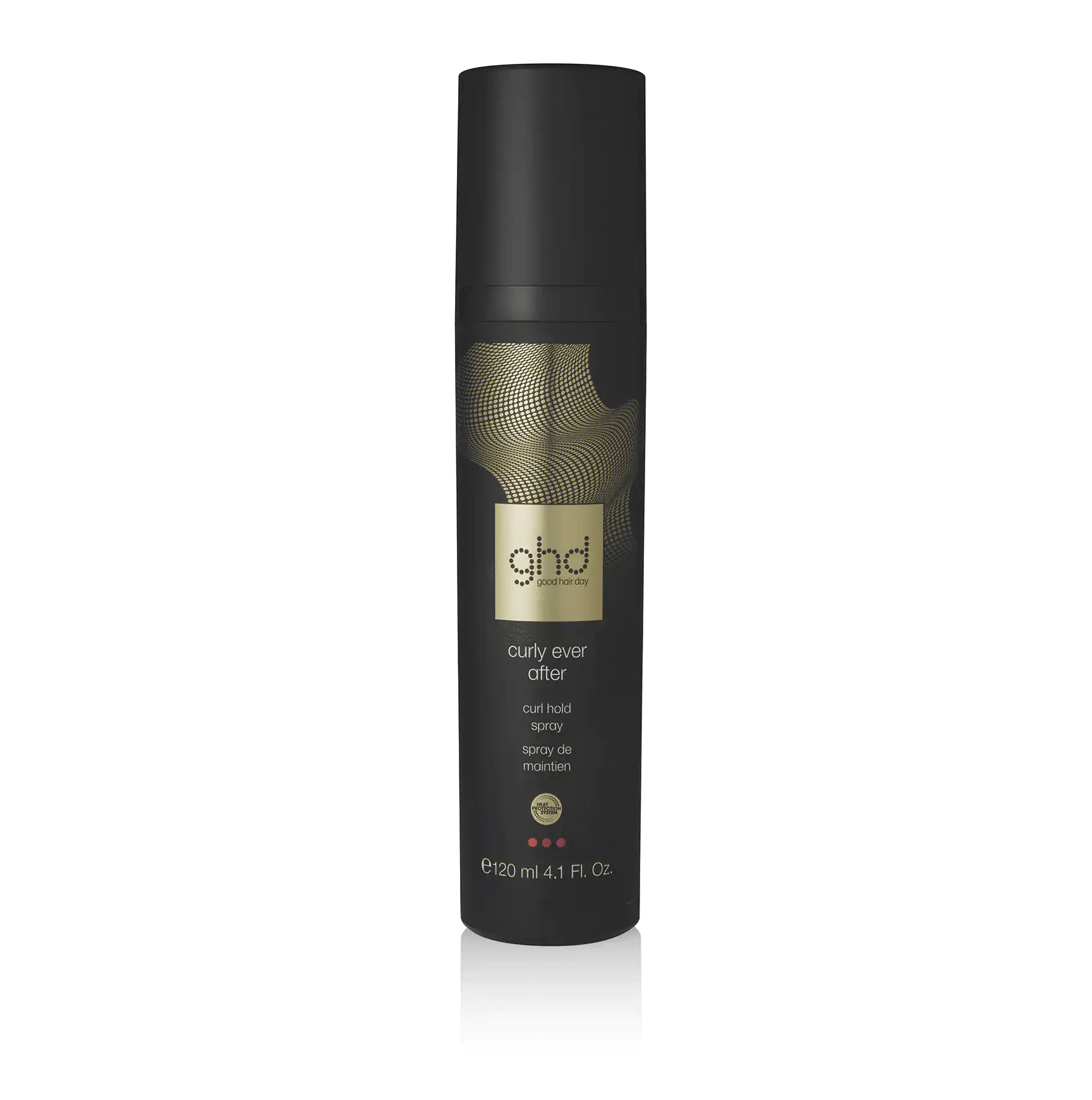 Una bomboletta spray nera verticale di lacca per capelli ghd final fix con logo dorato su sfondo bianco.