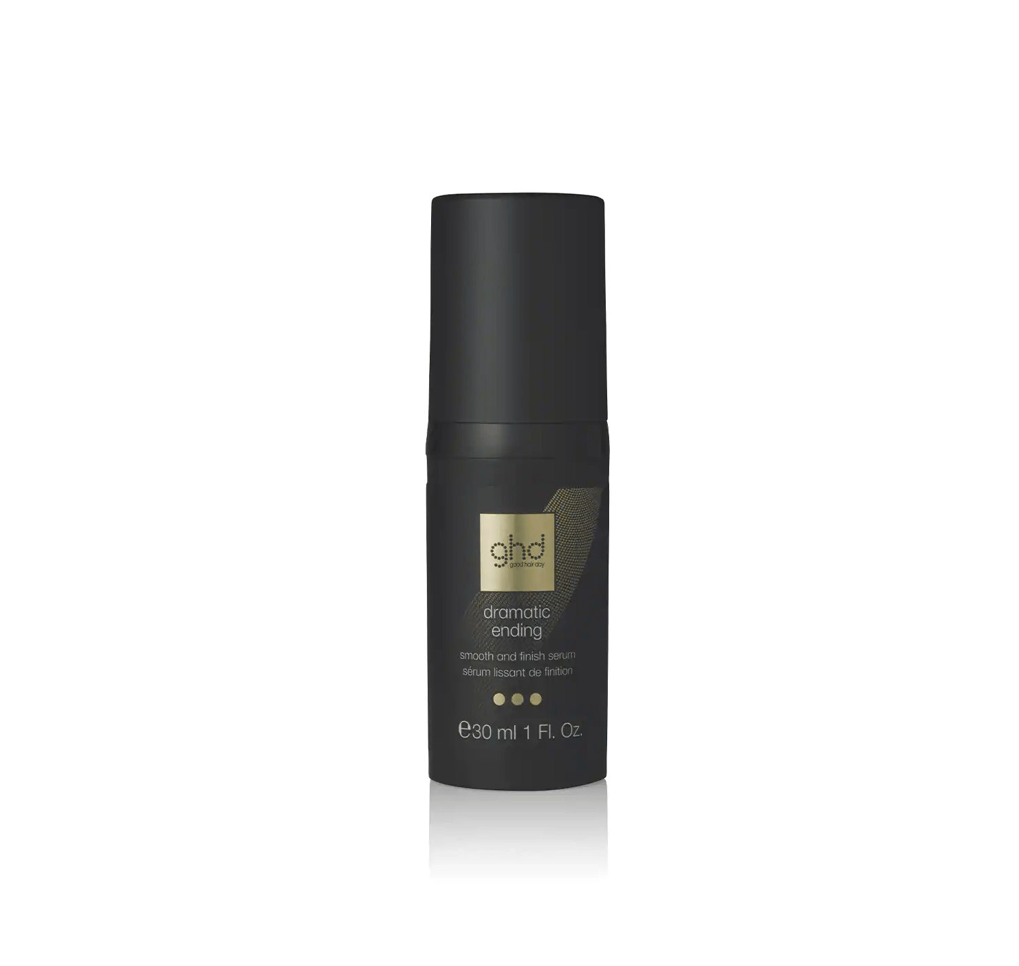Flacone di prodotto per lo styling dei capelli ghd, nero opaco, con logo dorato su sfondo bianco.