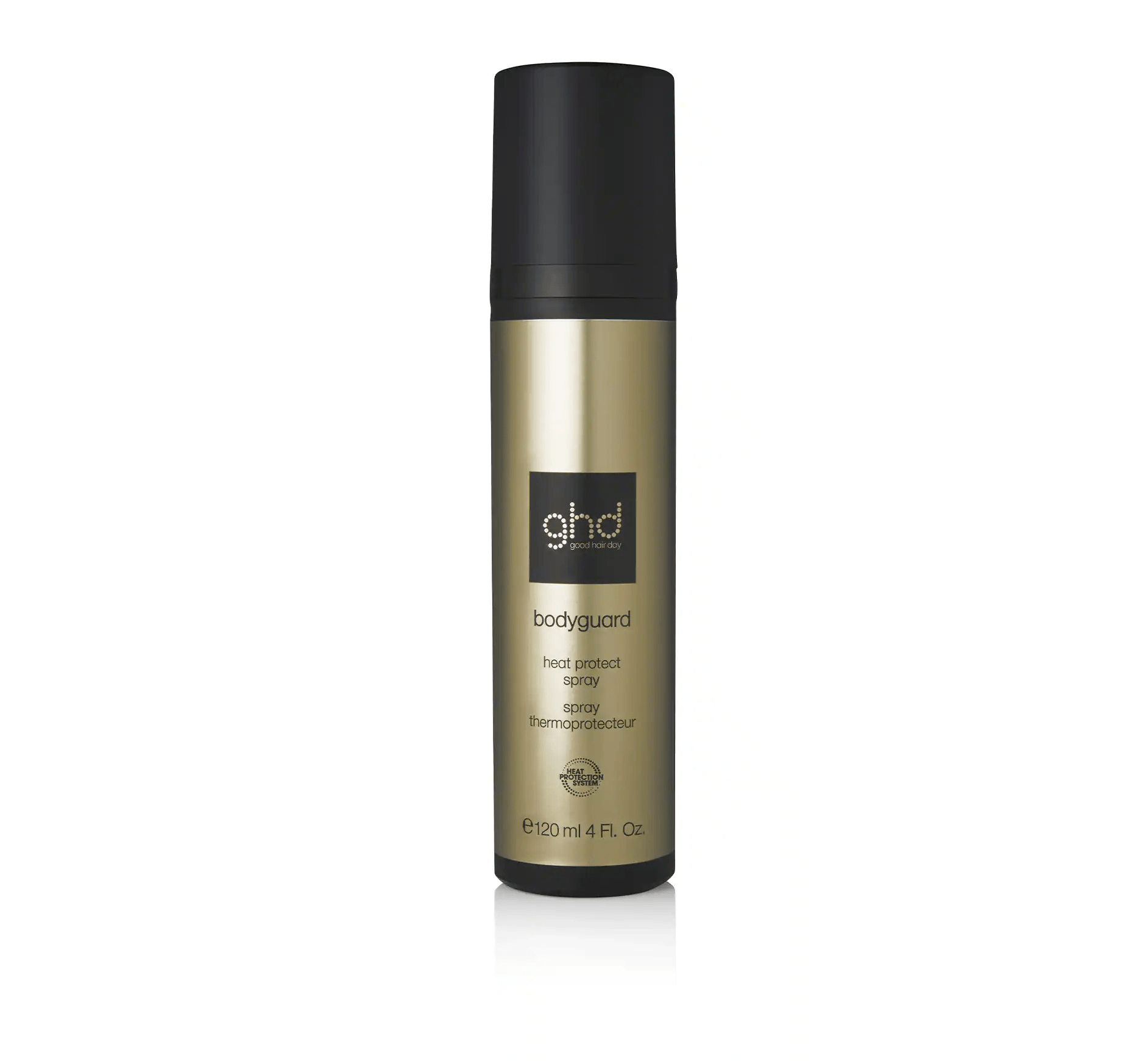 Un flacone spray oro e nero di spray termoprotettivo ghd bodyguard su sfondo bianco.