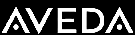 Logo Aveda bianco su sfondo nero.