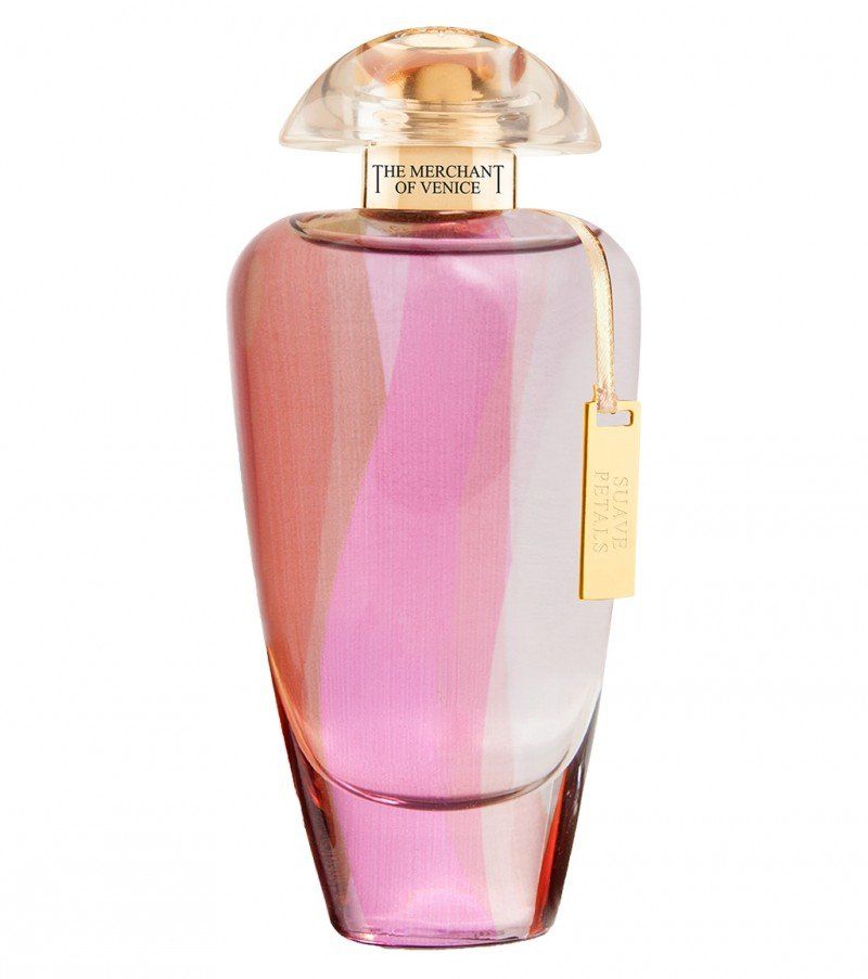 Una bottiglia del profumo Il Mercante di Venezia con tappo arrotondato e strisce di vetro rosa, arancioni e trasparenti.