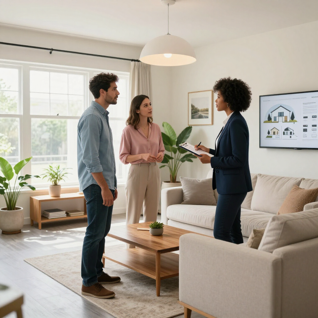 Three people discussing a home design plan in a bright living room, with a laptop and floor plan display.
