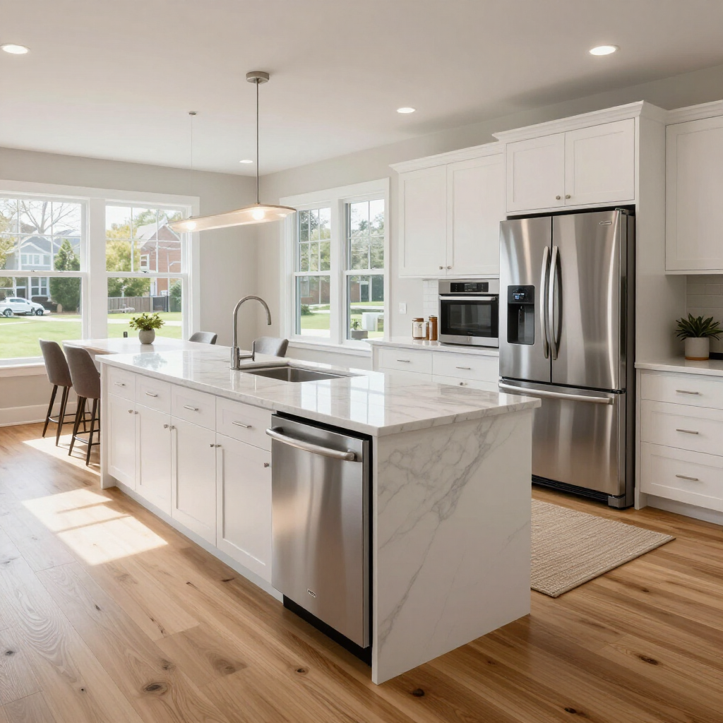 Bright modern kitchen with white cabinets, marble island, stainless appliances, and large windows