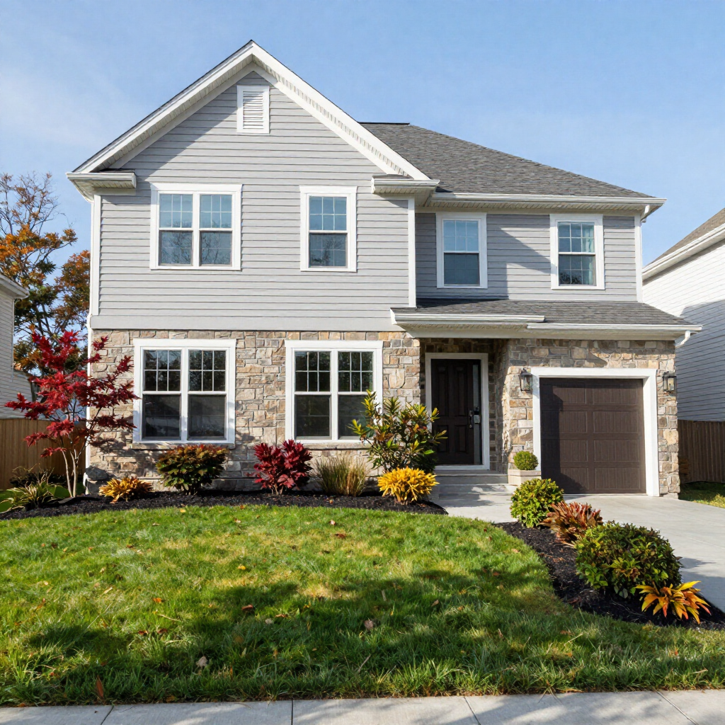 Two-story gray suburban house with white trim, front lawn, and attached garage under a blue sky