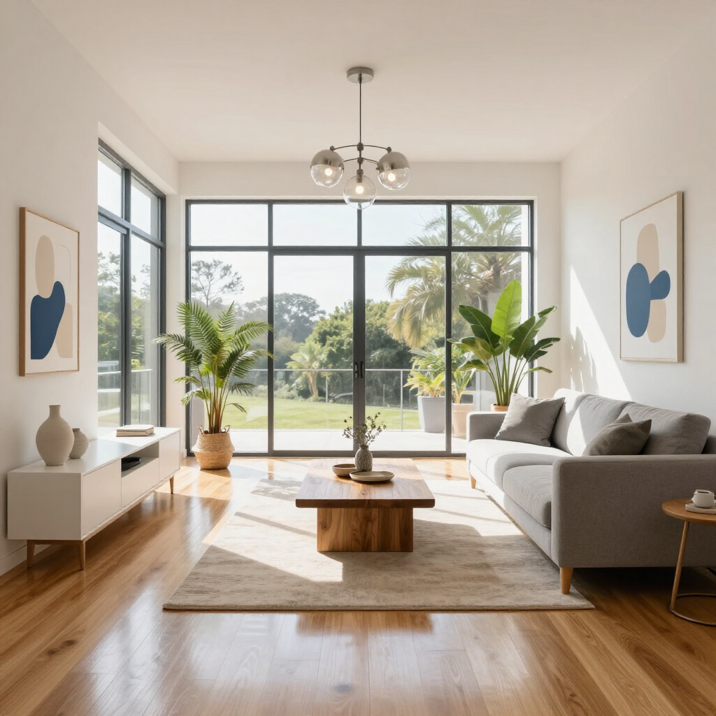 Bright modern living room with gray sofa, wooden coffee table, potted plants, and large windows overlooking a garden