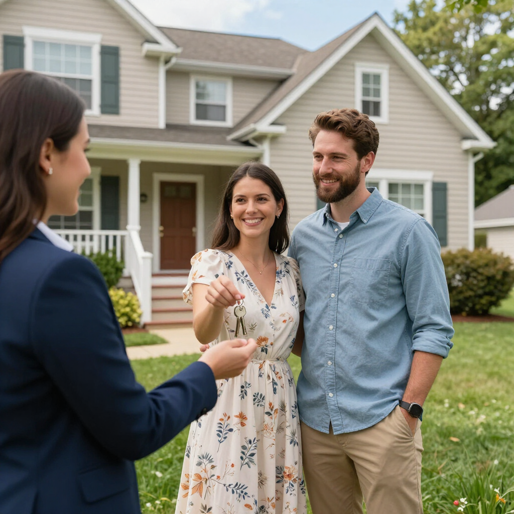 Real estate agent showing house keys to smiling couple in front of a suburban home