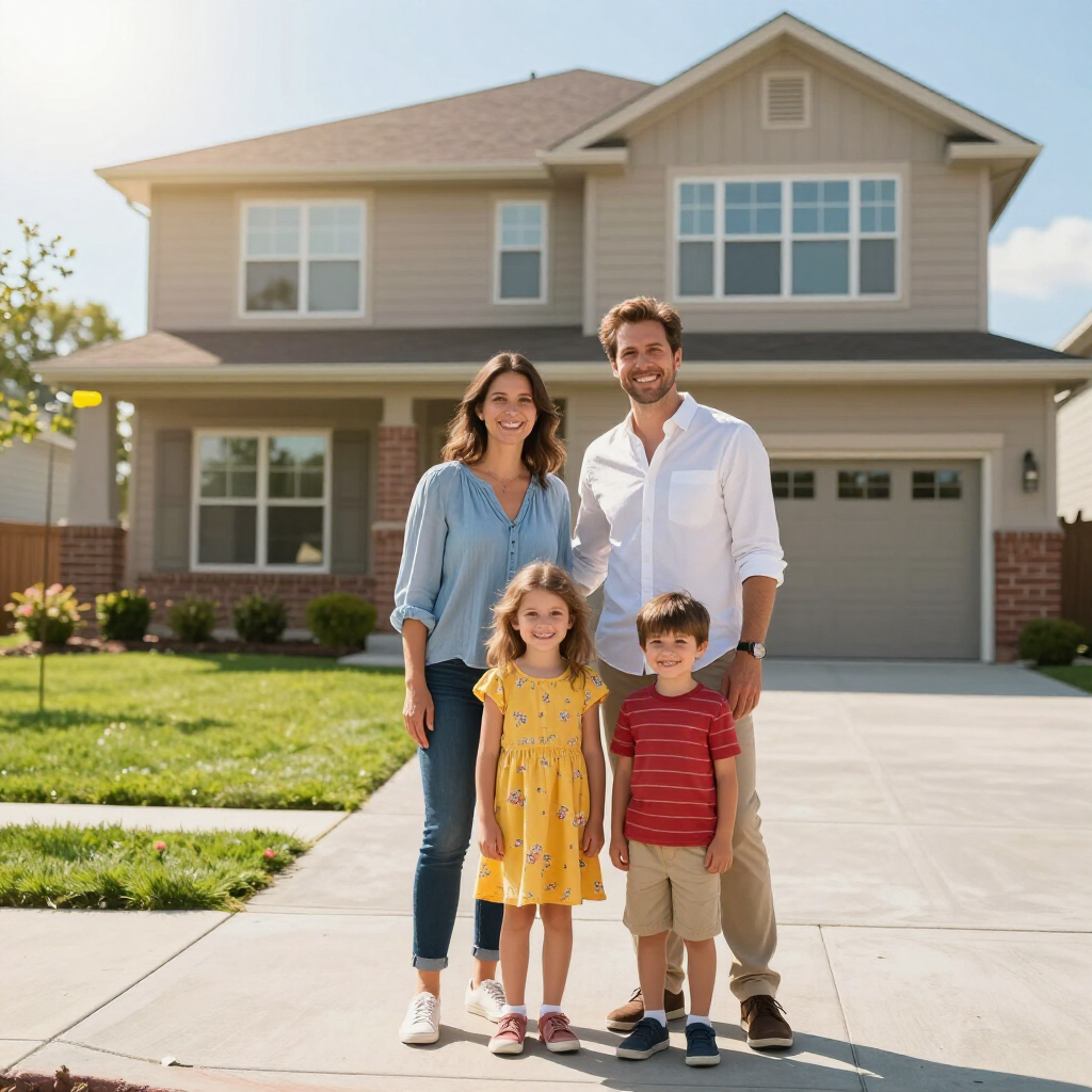 Family of four standing on a driveway in front of a suburban house, smiling at the camera.