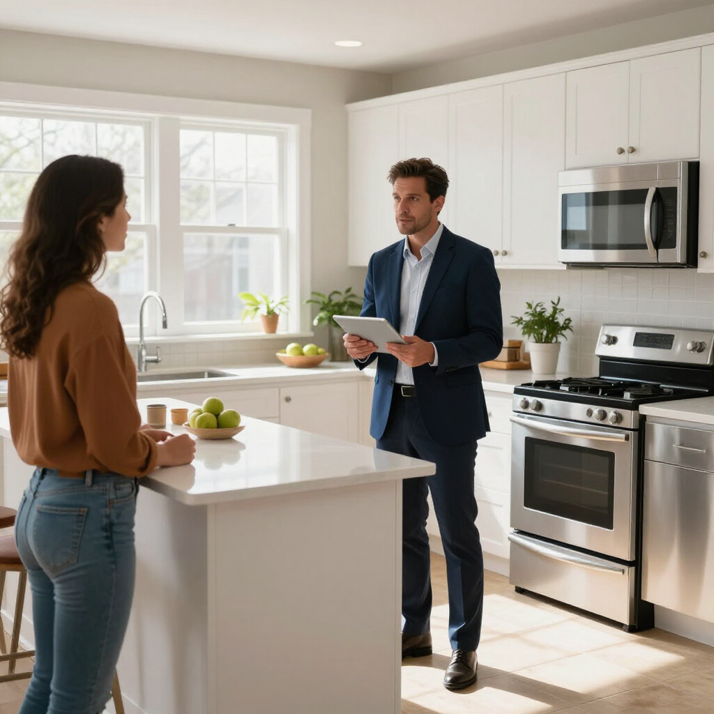 Two people talking in a bright modern kitchen, with fruit on the island and stainless steel appliances.
