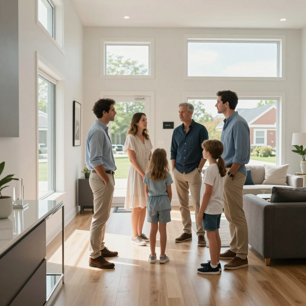 Five people talking in a bright modern living room with large windows and hardwood floors