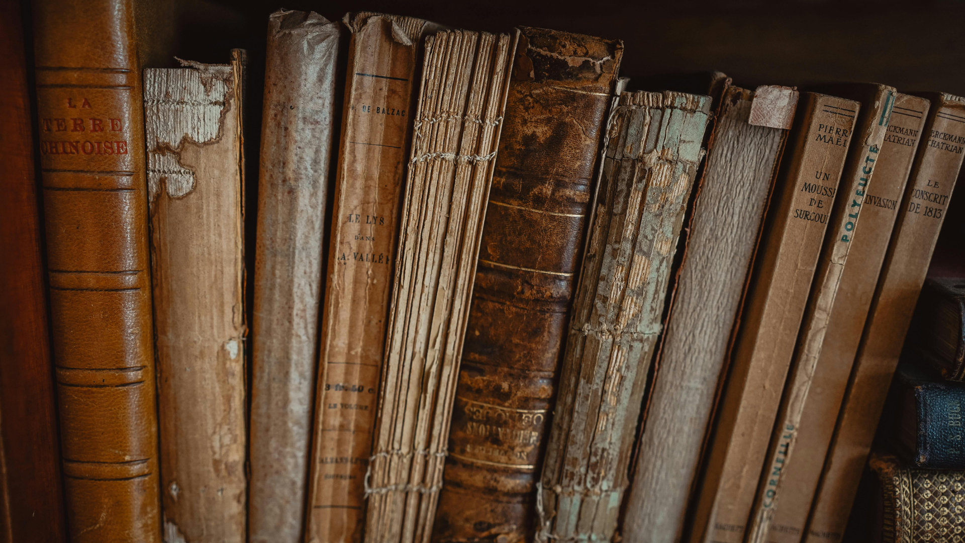 A row of worn, aged hardcover books with faded spines on a wooden shelf.