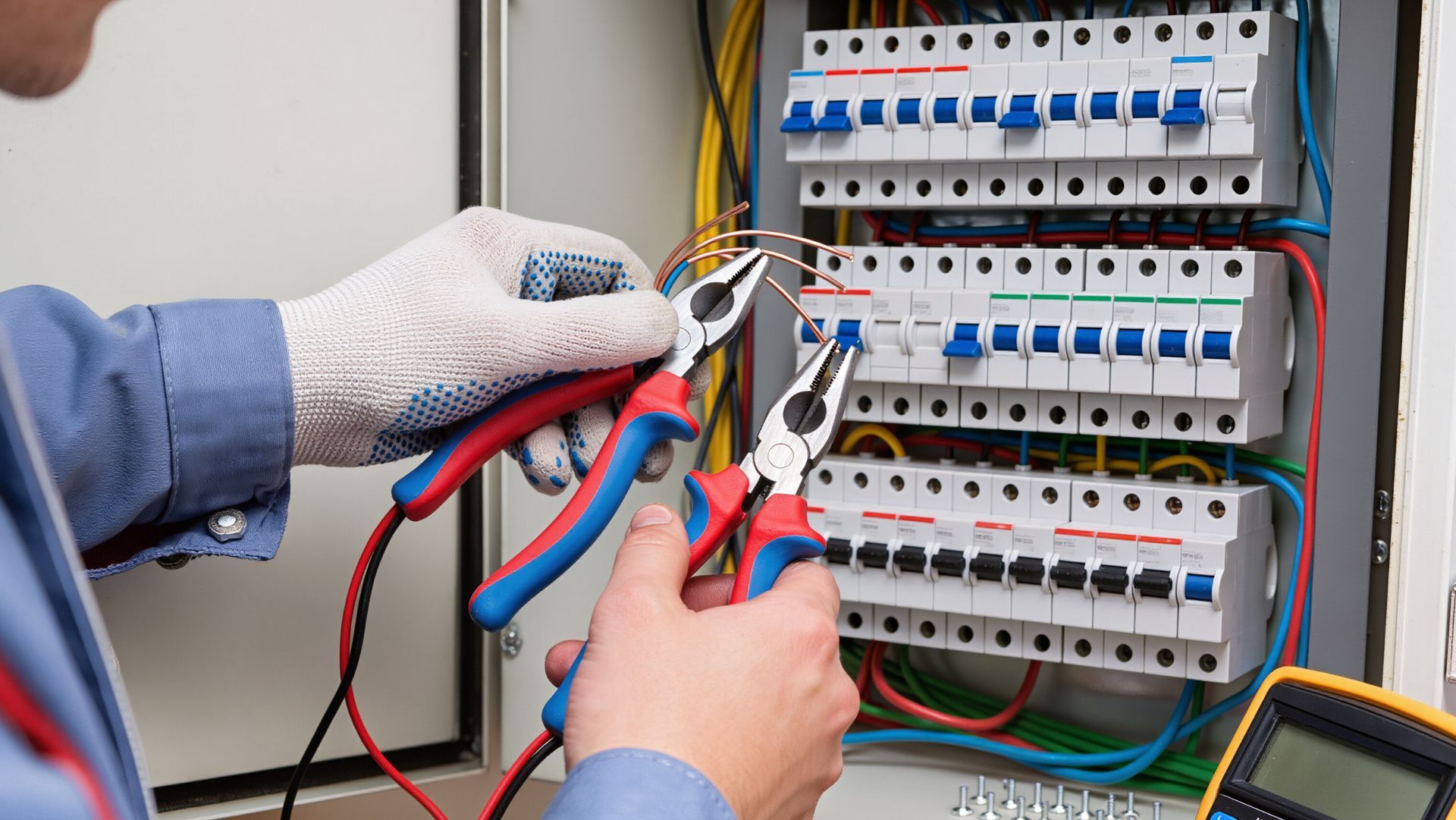 Electrician using pliers to wire circuit breakers inside an open commercial electrical panel.