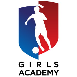 Girls Academy logo with a white soccer player silhouette over a blue and red shield
