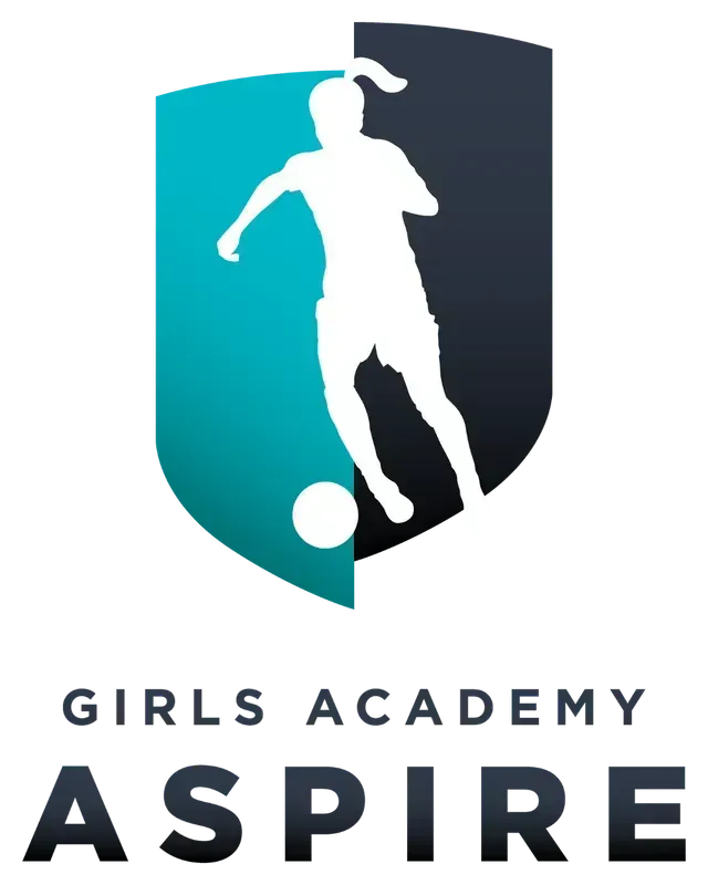 Girls Academy Aspire logo with white soccer player silhouette on teal and navy shield, soccer ball below