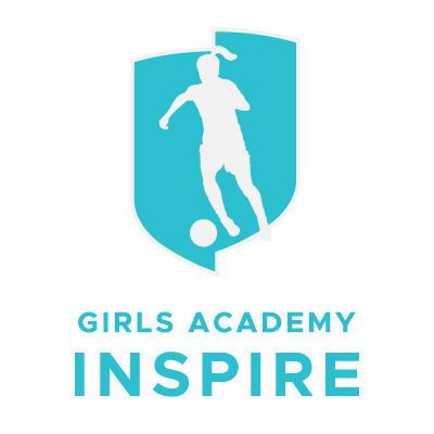 Girls Academy Inspire logo with teal soccer shield and player silhouette