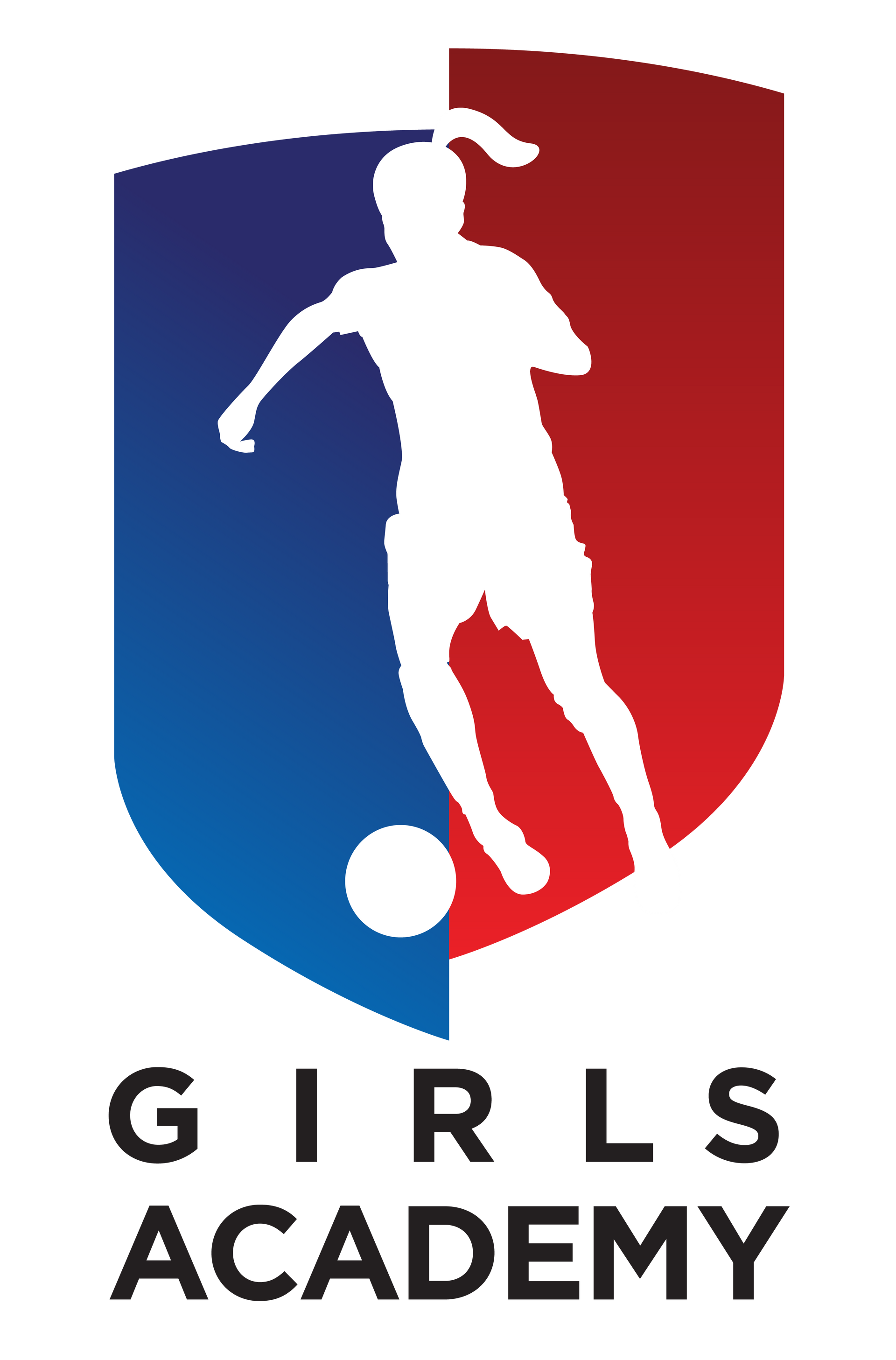 Girls Academy logo with white soccer player on blue and red shield above text